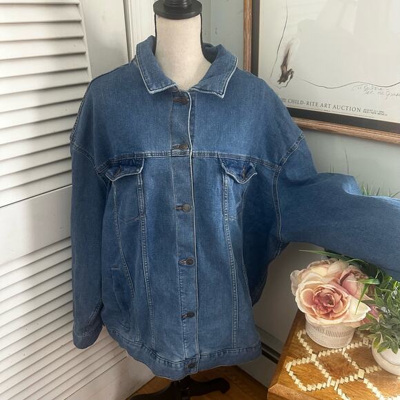 TERRA SKY Womens Jacket 3X Denim Oversized Stretch Distressed Pockets Casual - Picture 1 of 14